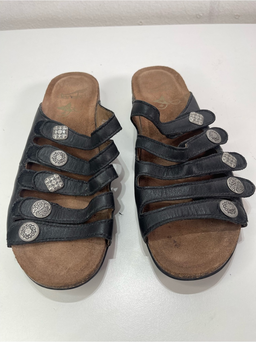 Dansko Janie Slide Cork Comfort Leather Sandals Wmn 38 Black Strappy Whimsigoth - Picture 2 of 5